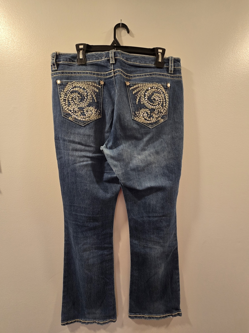 Vintage America Dark Blue Bootcut Jeans with Rhinestone Swirl Pockets